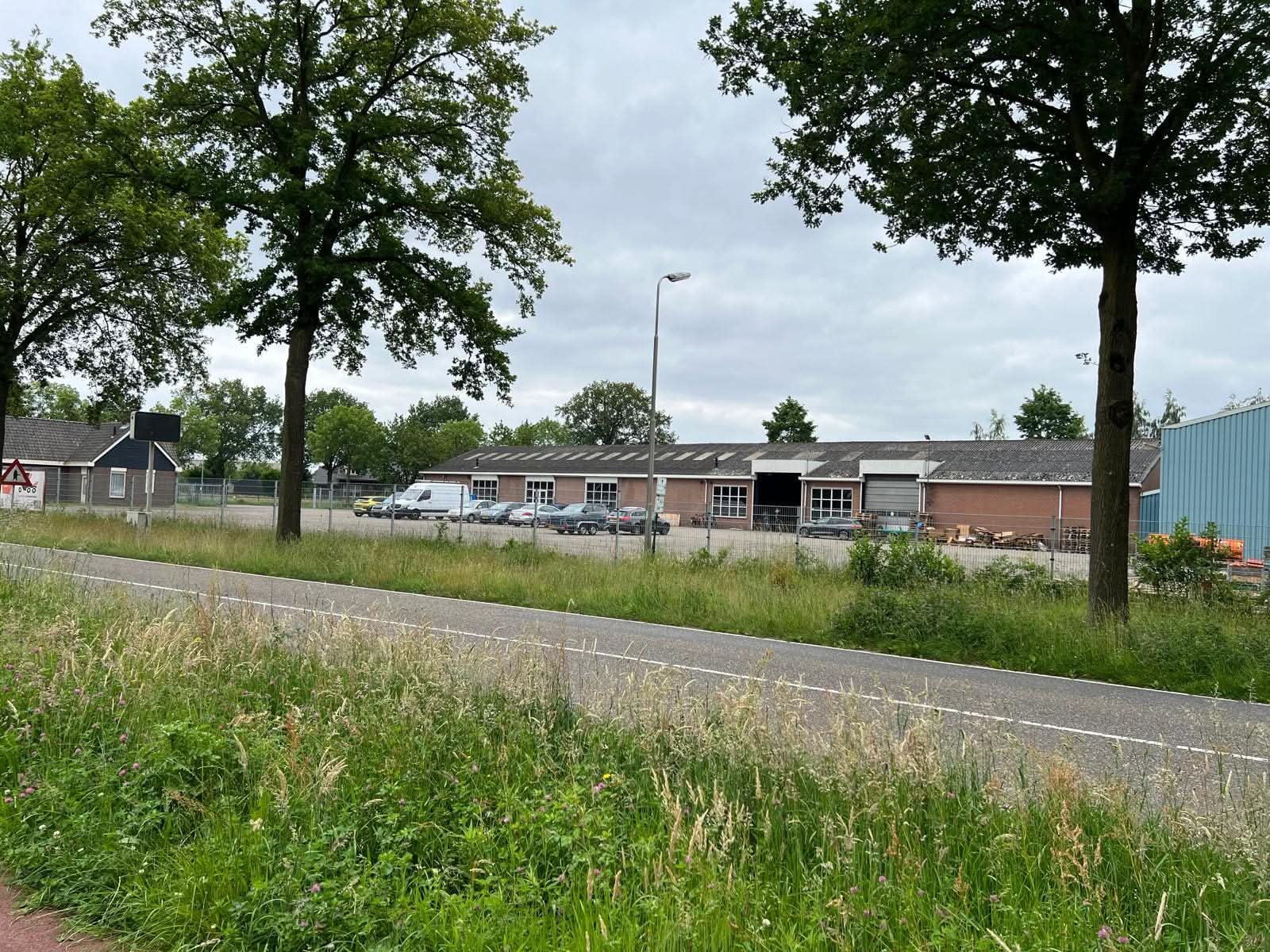 Geasfalteerde weg door hoog gras en wilde bloemen in Mierlo, met bomen en grote industriële loods vol garagedeuren onder grijze lucht.
