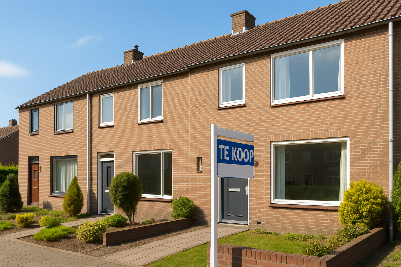 Moderne rij bakstenen herenhuizen met groene tuinen, strakke hagen en "TE KOOP" bord met zelfbewoningsplicht; zonovergoten.