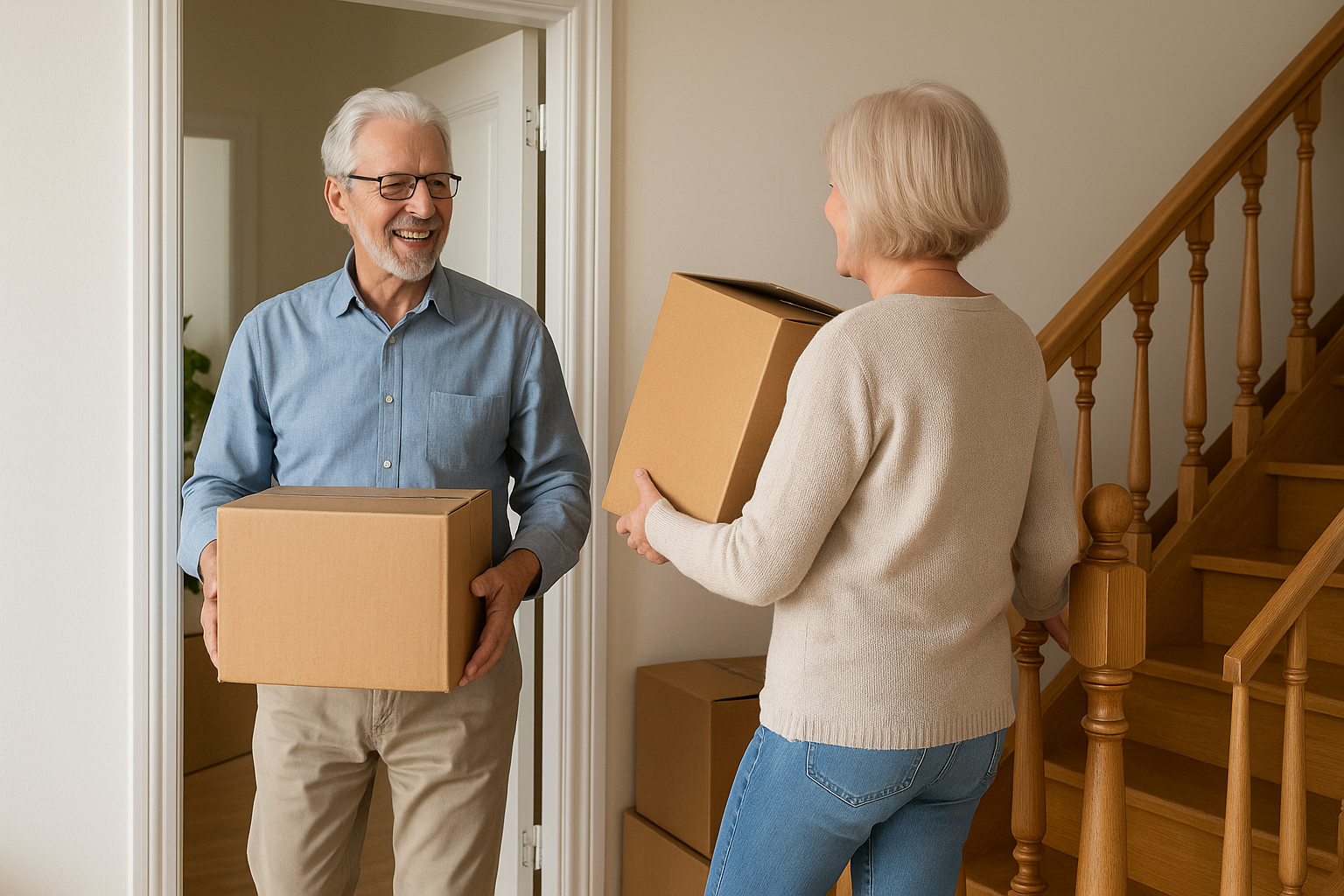 Twee senioren met grijs haar glimlachen naar elkaar terwijl ze dozijnen tillen in de hal bij een houten val, samen verhuizen ze naar een kleinere woning.