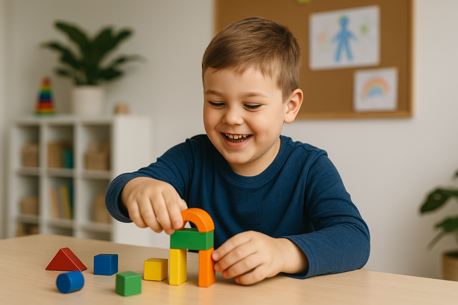 Een vrolijke jongen speelt met kleurrijke houten blokken aan tafel; op de achtergrond speelgoed, planten en kindertekeningen.