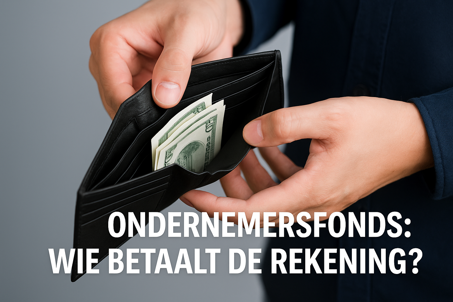 Een persoon in donker shirt toont een open zwarte portemonnee vol dollarbiljetten. Tekst: ONDERNEMERSFONDS SAMEN: WIE BETAALT DE REKENING?.