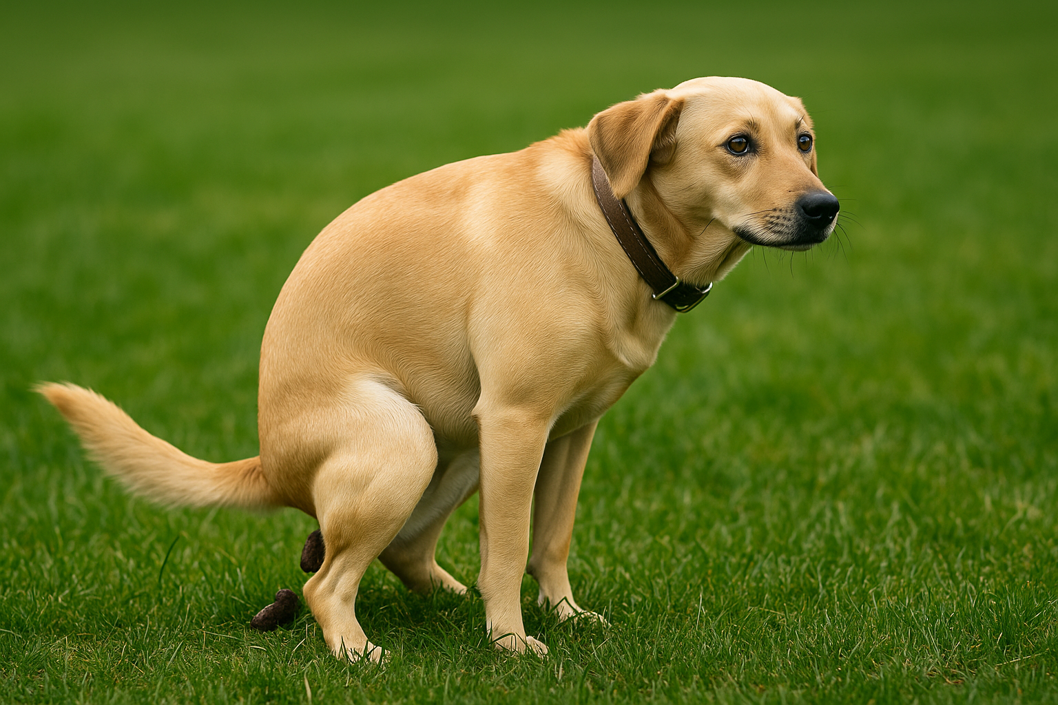 Een lichtbruine hond met donkere halsband poept op het groene gras, oren naar achteren, staart gestrekt, in een zonnig park.