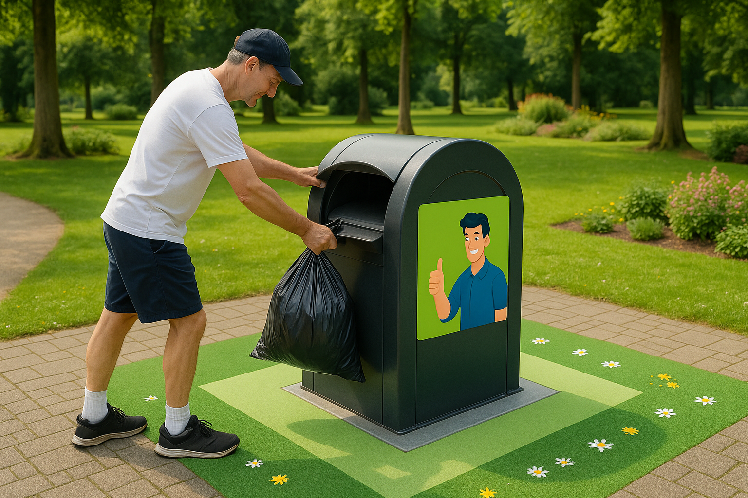 Een man gooit bijzetafval in een grote afvalbak met duimpjes-cartoon, midden in een schoon, groen park met gras en bloemen.