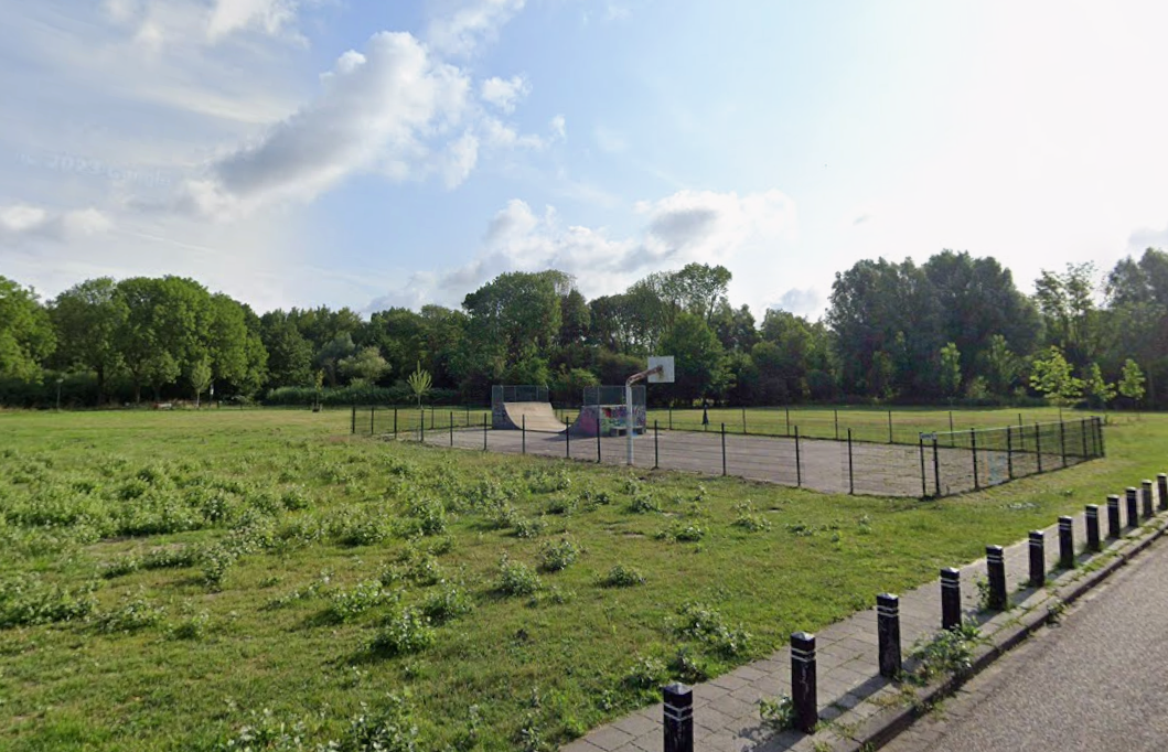 Ontdek het sportveld in grasveld Skandiawijk: omheind, met basketbalpaal, skatebaan en omringd door bomen. Perfect voor sporten.