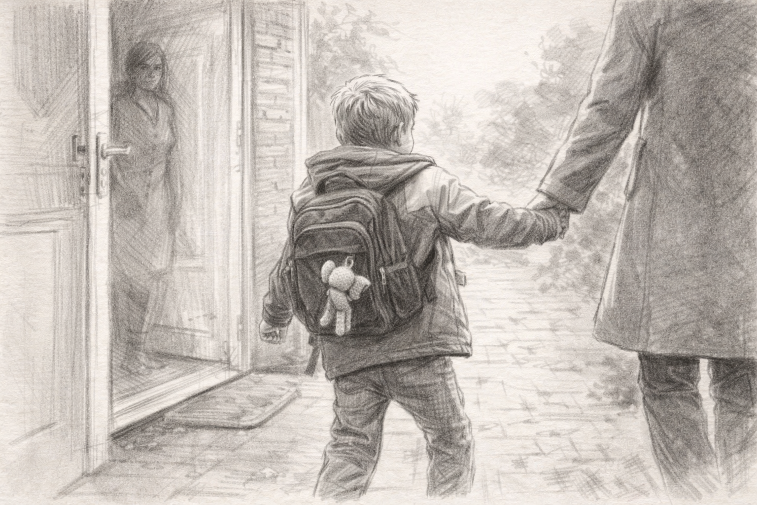 Een potloodtekening toont een uit huis geplaatst kind met rugzak, hand in hand met een volwassene; een vrouw kijkt verdrietig na.