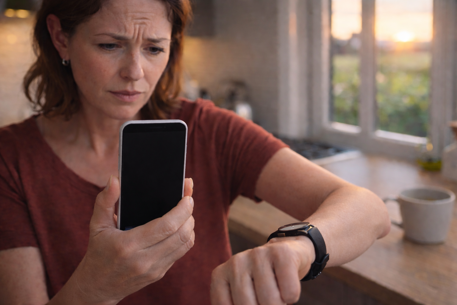 Vrouw met bruin haar en rood shirt checkt haar horloge en smartphone in keuken; zonlicht binnen, mok op tafel: geen haast nodig.