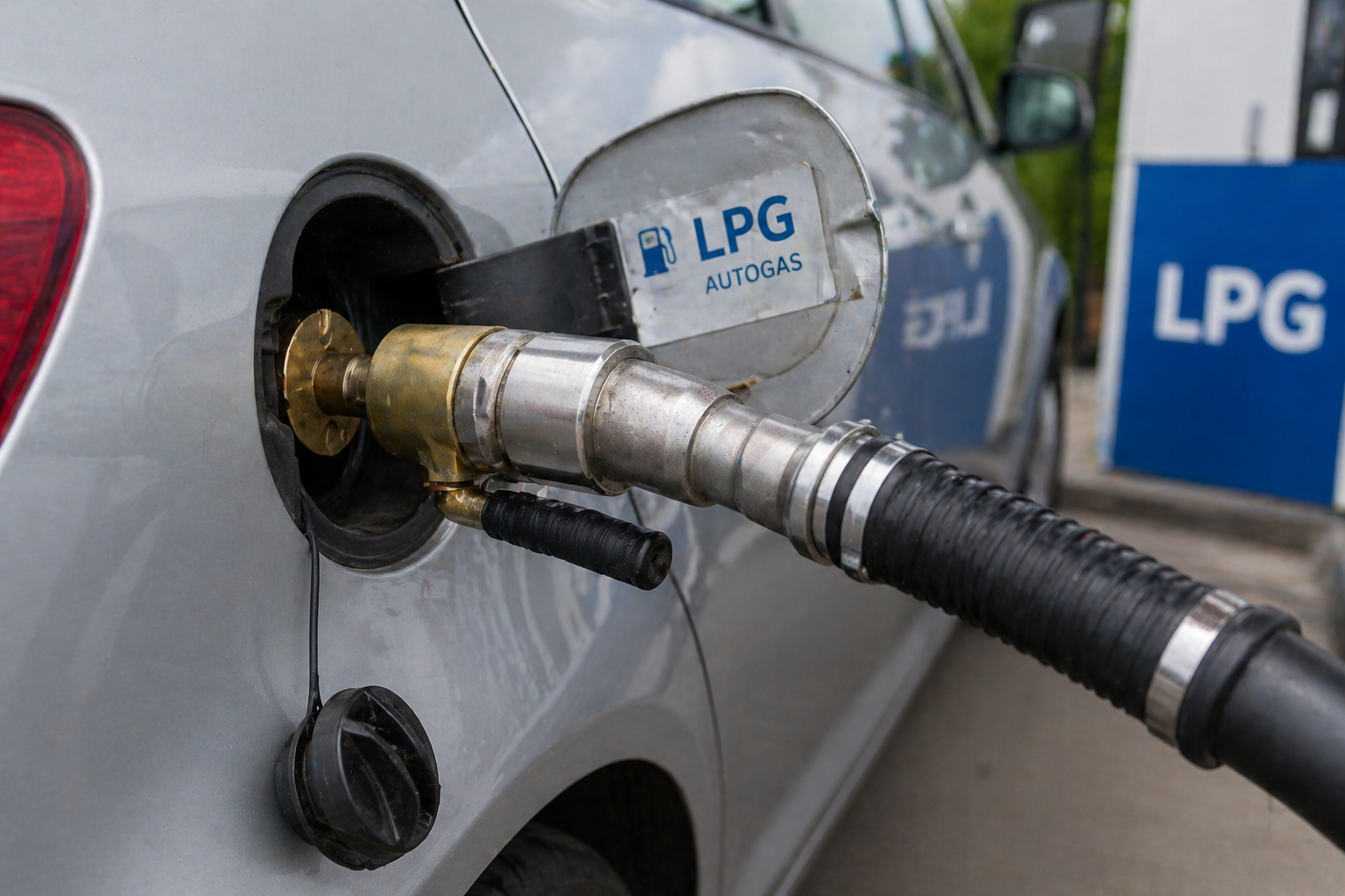 Een zilveren auto tankt LPG bij een pomp, met open tankdop. Veiligheid en LPG-pomp zijn duidelijk zichtbaar.