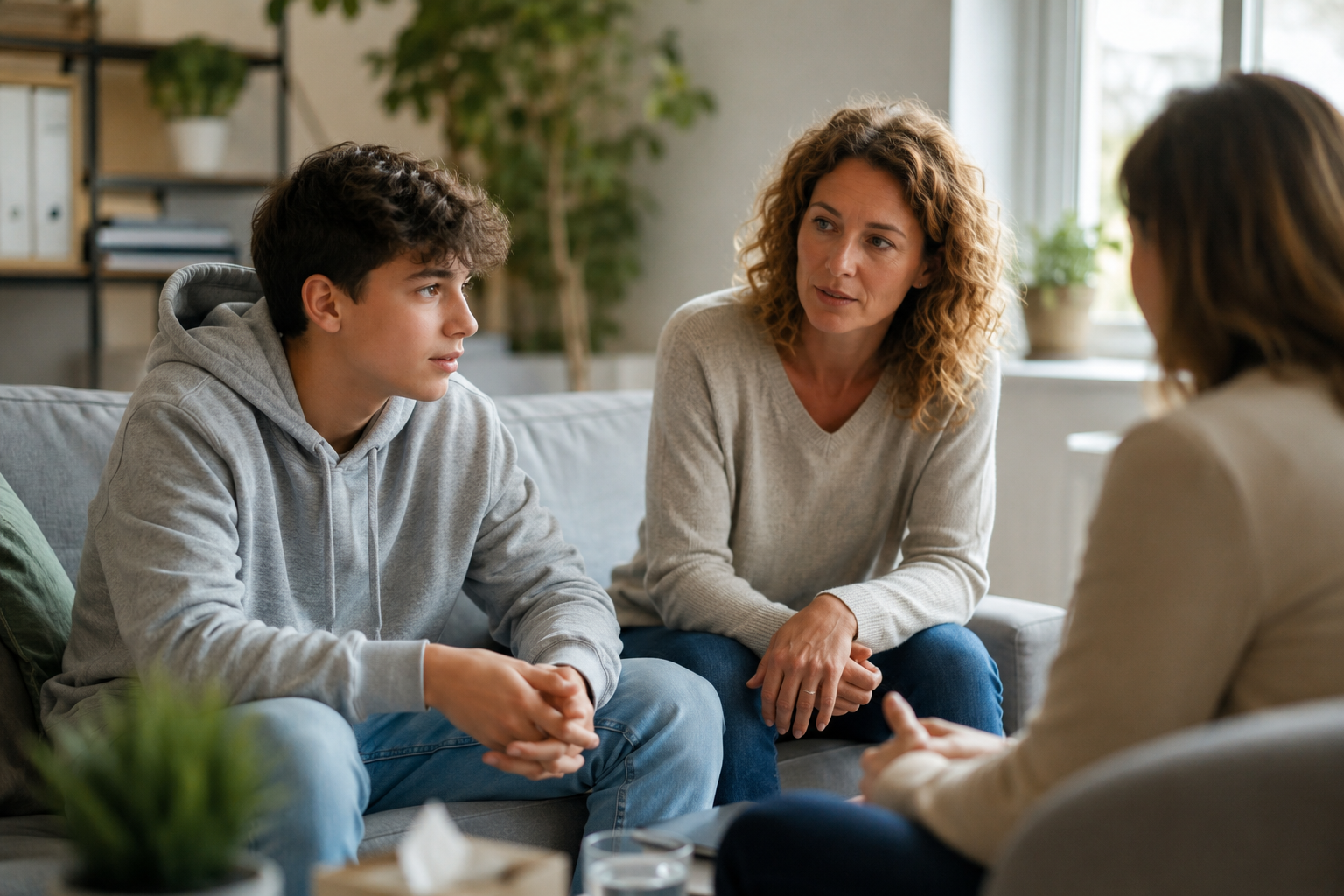 Een jongen zit op de bank en praat met twee jeugdzorgmedewerkers in een lichte kamer; SAMEN Geldrop-Mierlo luistert mee.