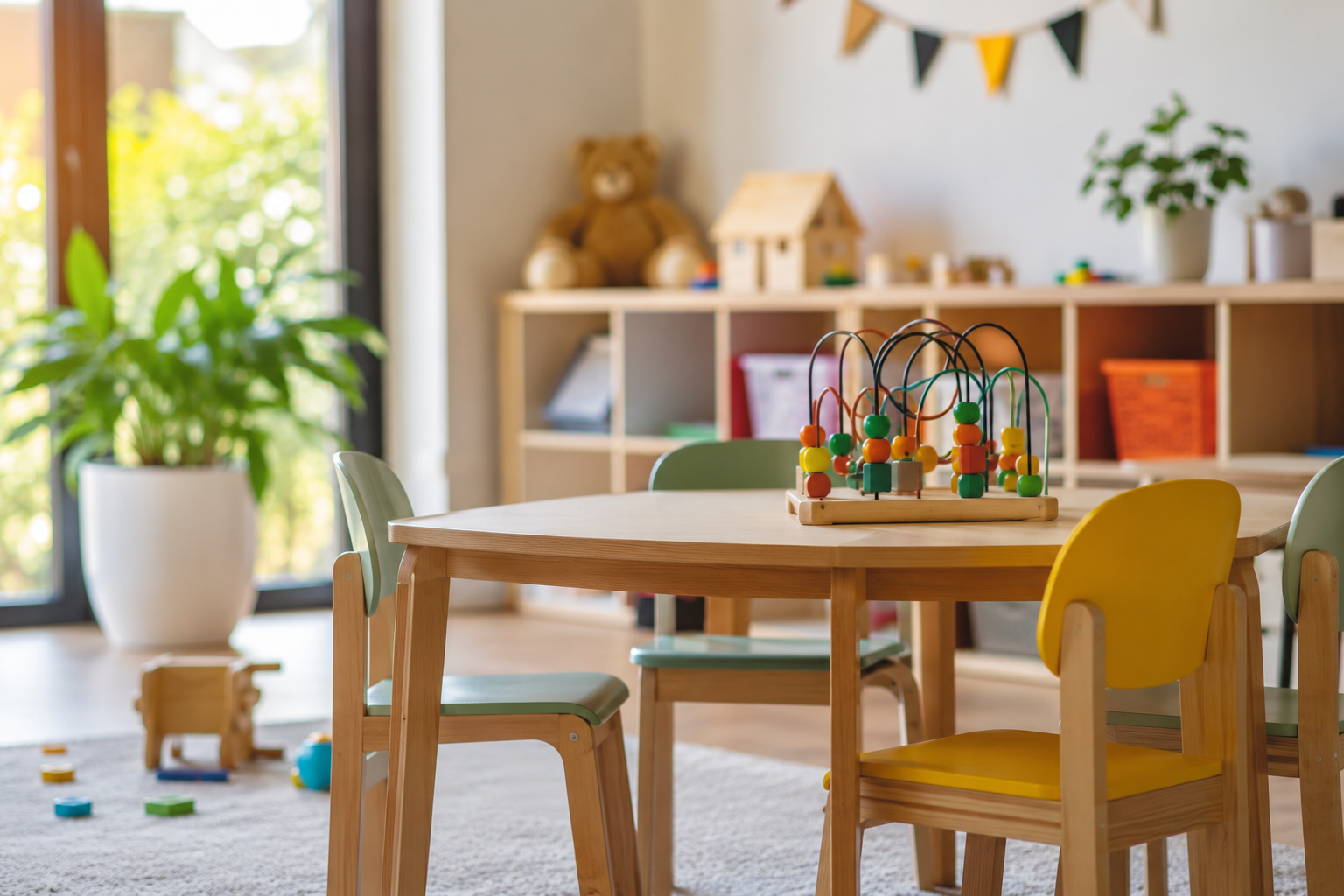 Lichte klas met kleine tafels, stoelen, kralenspiraal en speelgoedrekken, perfect voor specialistische kinderopvang.
