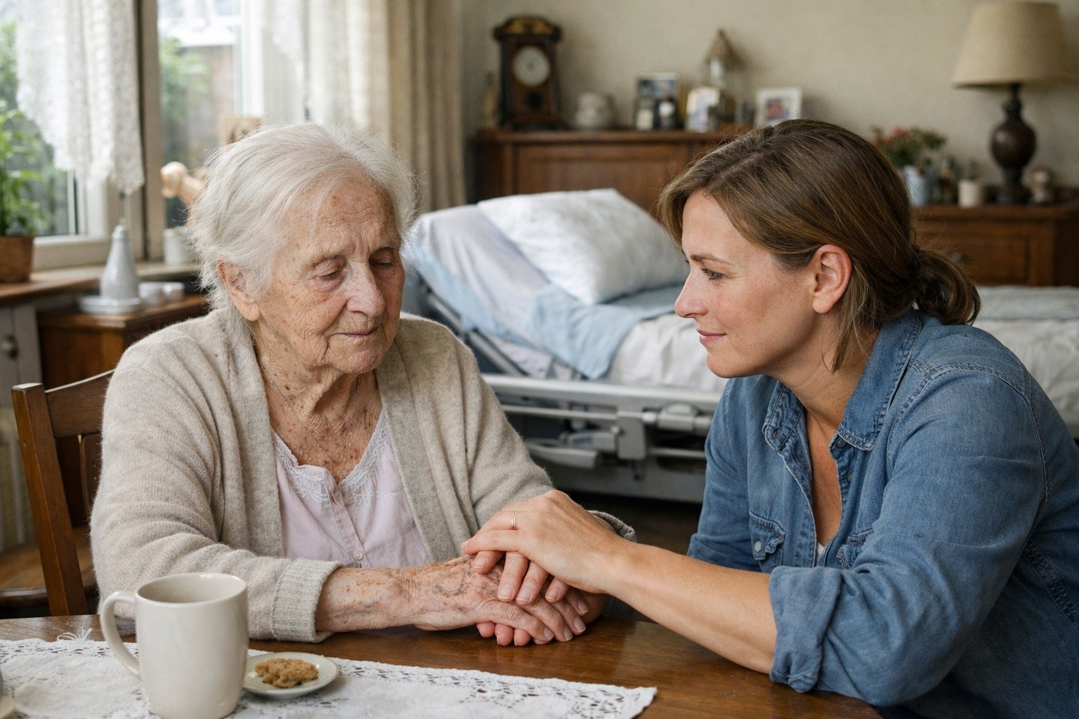 oudere vrouw en mantelzorger samen thuis aan tafel als beeld bij woonzekerheid mantelzorgers (fictief)