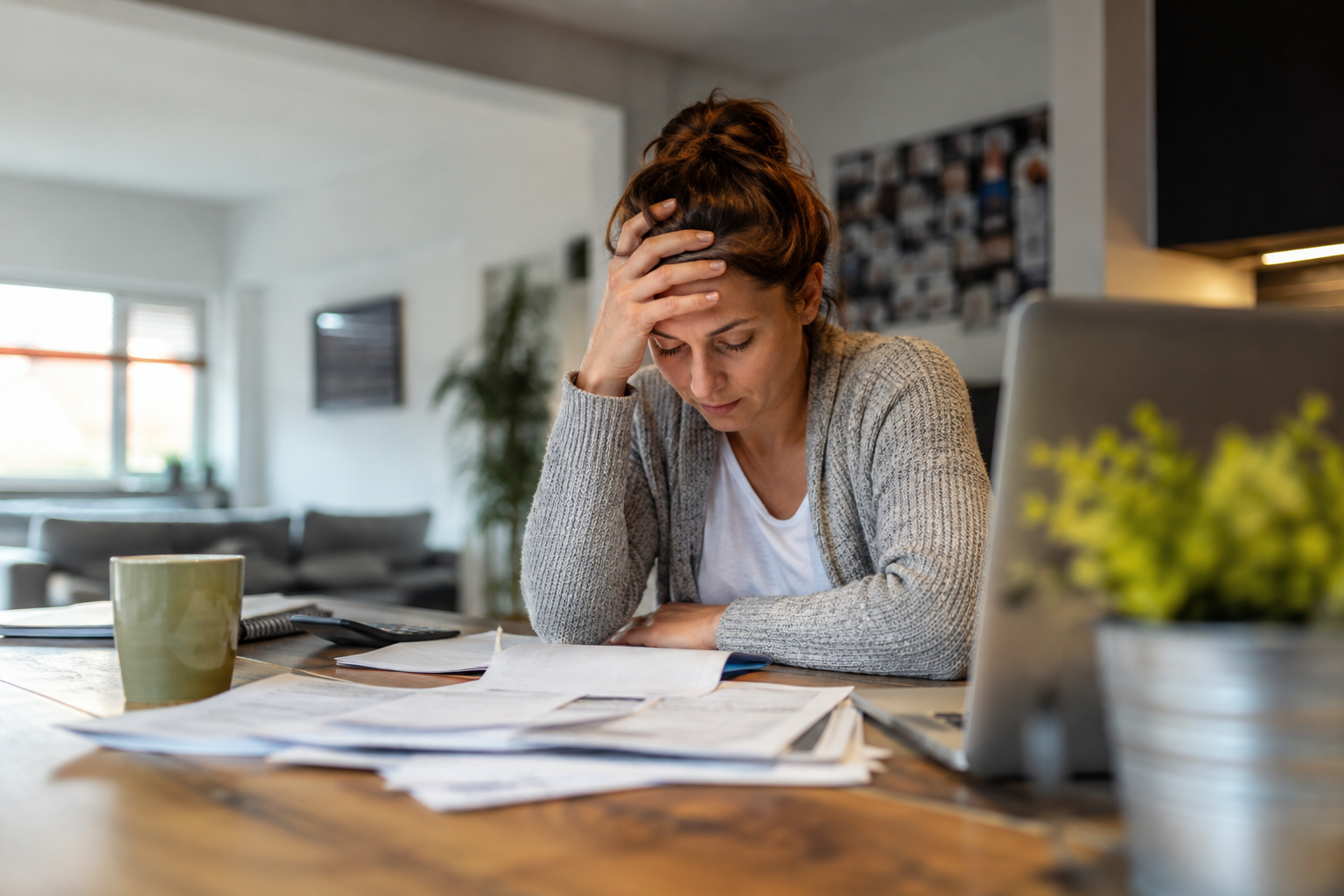 Een vrouw zit thuis aan tafel met een laptop, papieren en een mok; ze ziet er bezorgd uit en zoekt SAMEN naar oplossingen voor schulden.