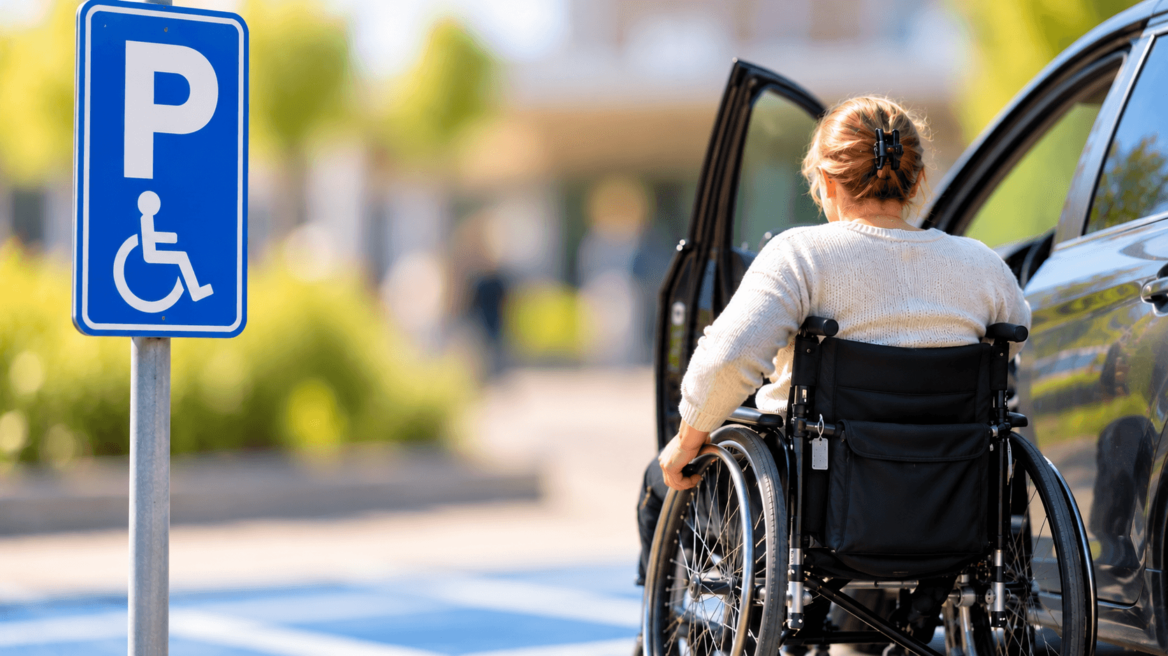 Iemand in een rolstoel stapt in een auto op een invalidenparkeerplaats