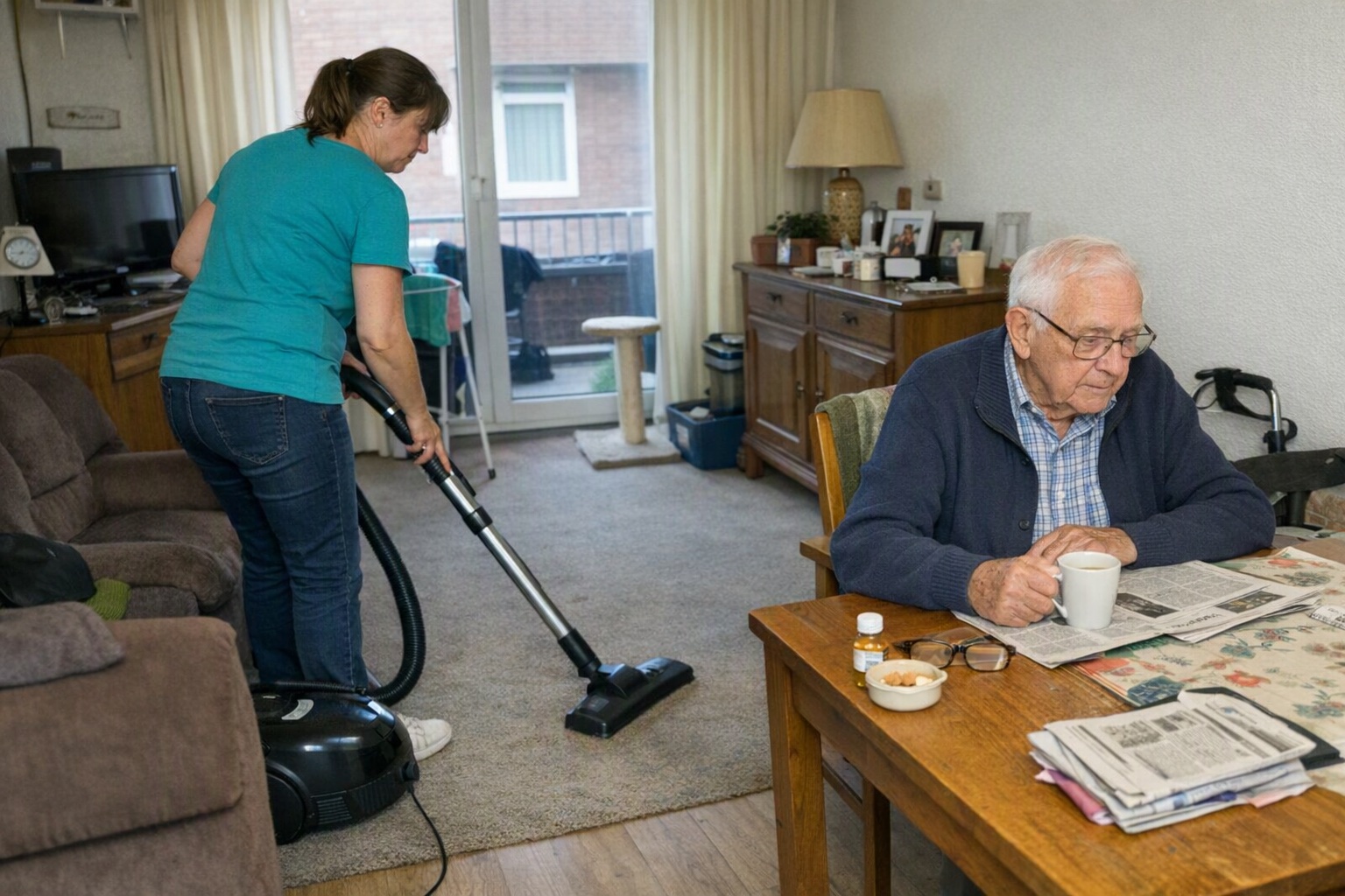 Medewerker huishoudelijke hulp stofzuigt de woonkamer terwijl een oudere man met koffie en de krant aan tafel zit