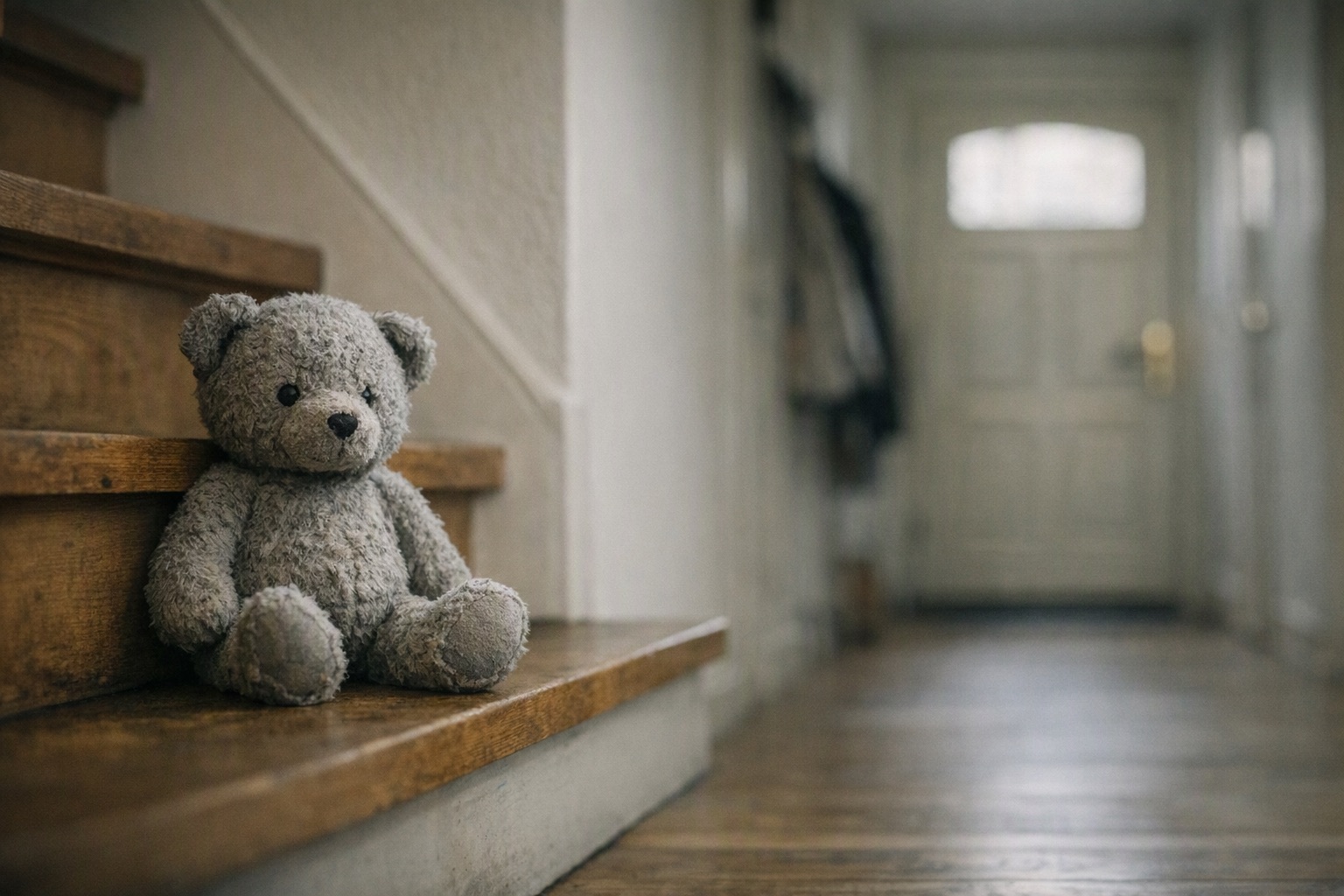 Grijze knuffelbeer zit alleen op een houten trap in een hal, sfeerbeeld bij de wachtlijsten Veilig Thuis